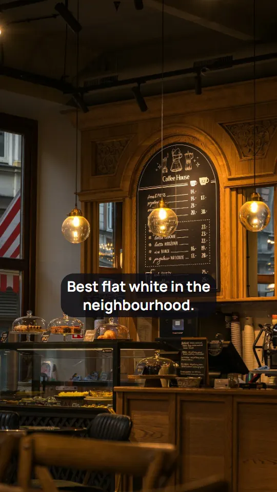 Photo Proof Reel: a café interior photo with the caption Best flat white in the neighbourhood