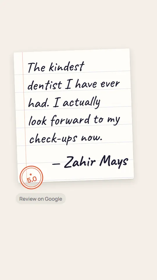 Handwritten Note: Zahir Mays's review handwritten on a lined note card with a 5.0 stamp