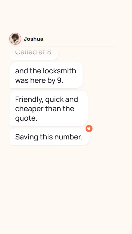 Message: Joshua Wilson's review of a locksmith as chat bubbles with a heart reaction