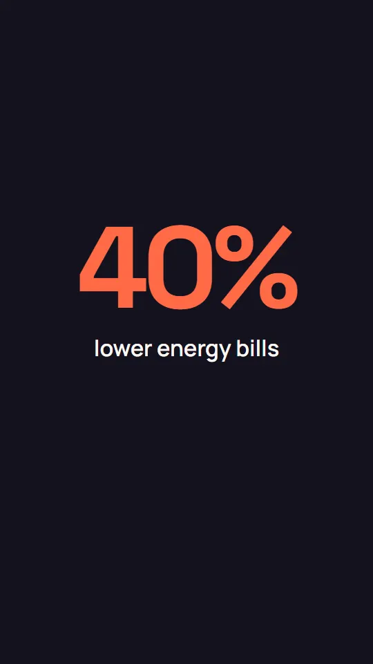 Stat Hook: 40% counted up full screen in coral above lower energy bills