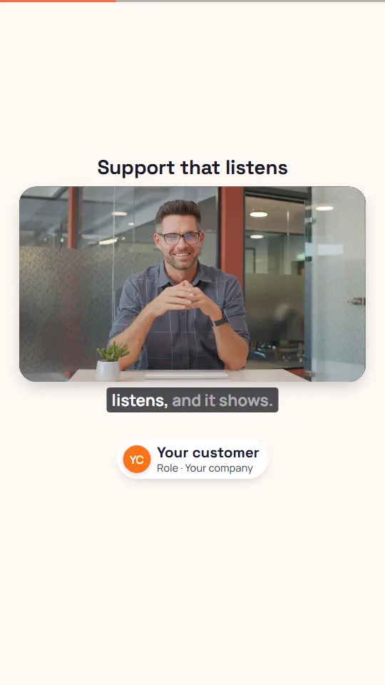 A vertical video frame: the customer's footage in a rounded frame with a headline, a caption and a name tag.