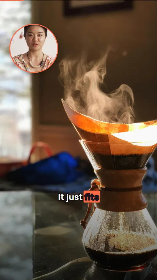 A vertical video frame: product footage fills the screen while the speaker stays in a small circle.