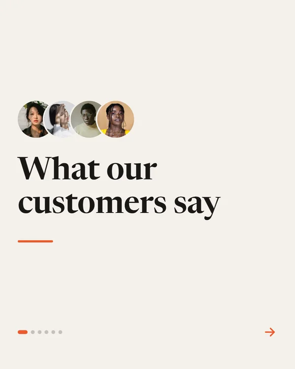Carousel slide 1: the cover, "What our customers say"