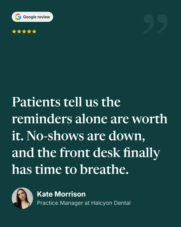 Spotlight in Halcyon Dental's brand colours, with Kate Morrison's testimonial