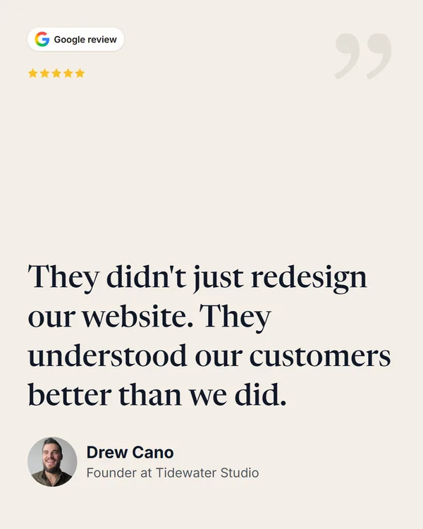 Spotlight in Tidewater Studio's brand colours, with Drew Cano's testimonial